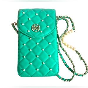 Badgley Mischka Green Quilted Pearl Strap Phone Crossbody Bag Vegan Leather